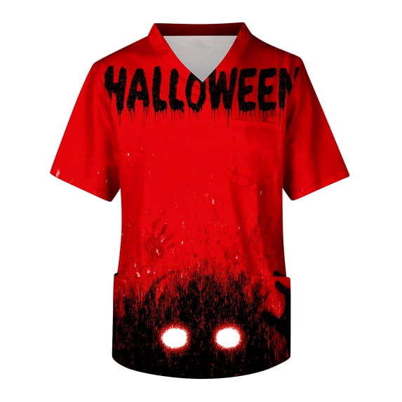 IYYVV Mens Halloween Scrub Top Pumpkin Ghost V Neck Work Uniform Cute V Neck Work Uniform with 3 Pockets Red XL