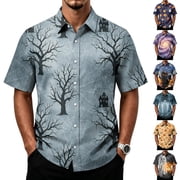 IYYVV Mens Halloween Shirt Funky Pumpkin Printed Hawaiian Bowling Short Sleeve Casual Button Down Holiday Shirts Silver 2XL