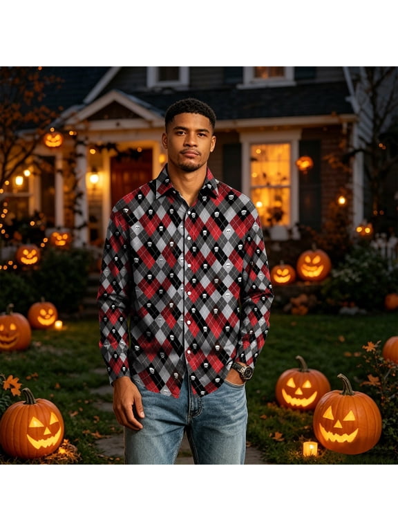 Mens Halloween Shirts Funny Goth Skull Spooky Ghost Hawaiian Button Down Shirts Pumpkin Long Sleeve Holiday Party Tops Orange L