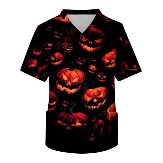 IYYVV Mens Halloween Short Sleeve V Neck Scrub Top Working Nurse Stretch Unifroms with 2 Pocket Yellow 5XL