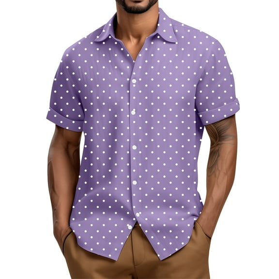 IYYVV Mens Shirts Short Sleeve Button Down Shirts Polka Dot Print Casual Vacation Beach Summer Tops Purple 3XL