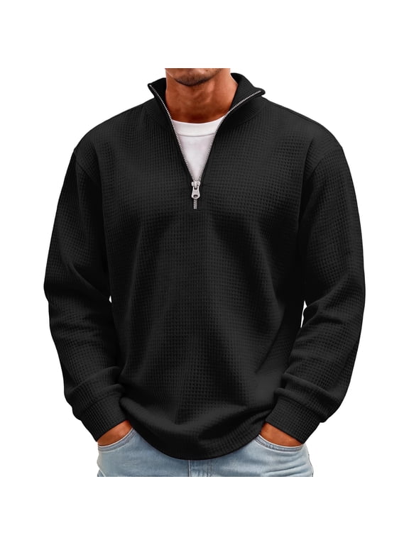 Mens Waffle Quarter Zip Pullover 1/4 Zip Long Sleeve Sweatshirts Fall Winter Casual Soft for Fall Winter Daily and Golf Athletic Black L