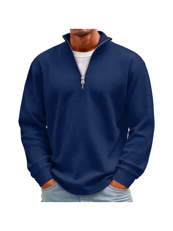 Mens Waffle Quarter Zip Pullover 1/4 Zip Long Sleeve Sweatshirts Fall Winter Casual Soft for Fall Winter Daily and Golf Athletic Dark Blue L