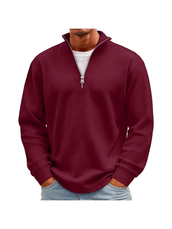Mens Waffle Quarter Zip Pullover 1/4 Zip Long Sleeve Sweatshirts Fall Winter Casual Soft for Fall Winter Daily and Golf Athletic Deep Red S
