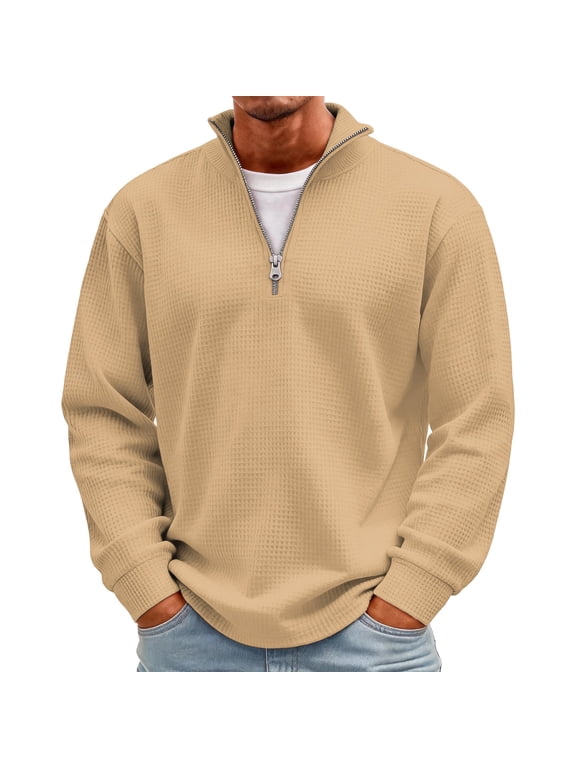 Mens Waffle Quarter Zip Pullover 1/4 Zip Long Sleeve Sweatshirts Fall Winter Casual Soft for Fall Winter Daily and Golf Athletic Khaki S