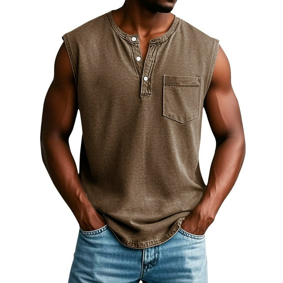 IYYVV Mens Workout Tank Tops Muscle Fit Button Down Sleeveless Henley Shirt Summer Beach Basic Fitness Bodybuilding Tees with Chest Pocket Brown M