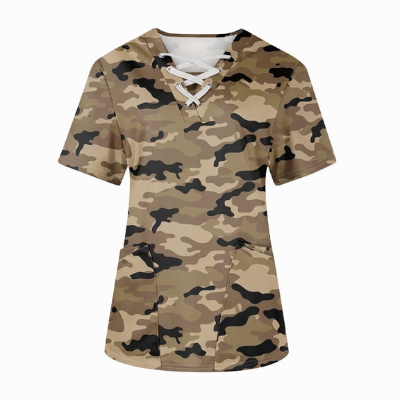 IYYVV Nursing Uniforms Shirts Women Plus Size Stretchy Scrub Tops for Women Clearance Sale Cross V Neck Short Sleeve Blouse T-Shirts Medical Scrubs with Pockets Light Brown S