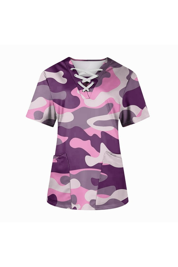 Nursing Uniforms Shirts Women Plus Size Stretchy Womens Scrubs Top Cross V Neck Short Sleeve Nurse Shirt Tops Medical Workwear with Pockets Purple 2XL