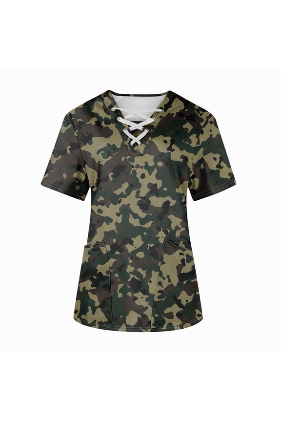 Nursing Uniforms Shirts Women Summer Casual Print Scrub Tops Women Cross V Neck Short Sleeve Nurse Shirt Tops Medical Scrubs with Pockets Army Green S