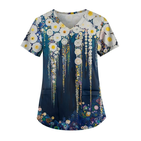 IYYVV Nursing Uniforms Shirts Women Summer Casual Scrub Tops for Women Clearance Sale V Neck Short Sleeve Blouse T-Shirts Medical Workwear with Pockets Dark Blue 2XL
