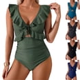 thumbnail image 1 of IYYVV One Piece Swimsuit for Women Tummy Control Ruffle Bathing Suit V Neck Ruched Swim Suit Slimming Cutout Swimwear Army Green S, 1 of 5