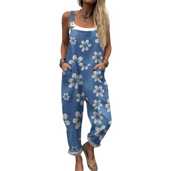 IYYVV Overalls For Women Boho Casual Floral Bib Jumpsuit Summer Baggy Adjustable Strap Romper With Pockets Blue 2XL
