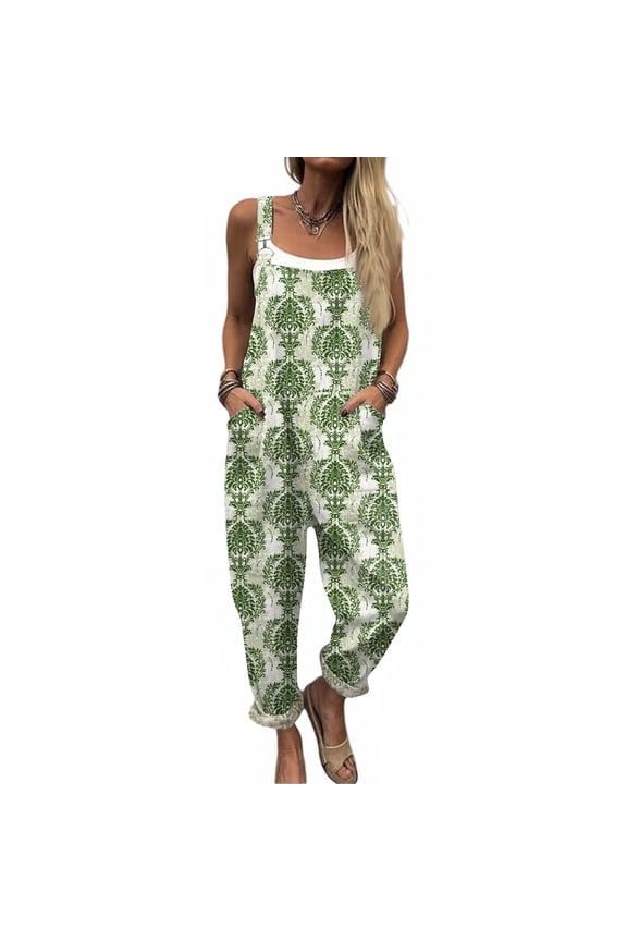 Overalls For Women Boho Casual Floral Bib Jumpsuit Summer Baggy Adjustable Strap Romper With Pockets Green S