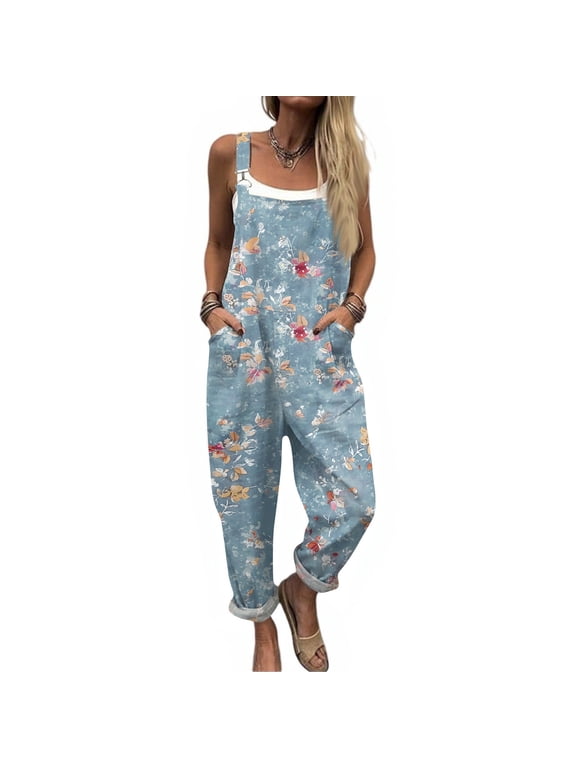 Overalls For Women Boho Casual Floral Bib Jumpsuit Summer Baggy Adjustable Strap Romper With Pockets Light Blue S