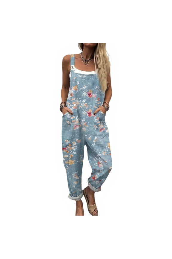Overalls For Women Boho Casual Floral Bib Jumpsuit Summer Baggy Adjustable Strap Romper With Pockets Light Blue XL