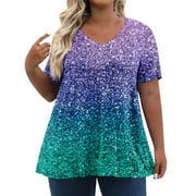 IYYVV Plus Size Shirts For Women V Neck Tops Tie Dye Short Sleeve Graphic Tees Summer Blouses Loose Fit Womens Clothing Trendy 2024 Fall Fashion Purple XL