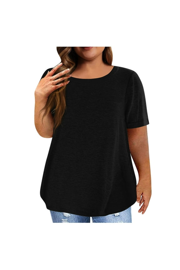 Oversized Shirts For Women Summer Short Sleeve O Neck Tunic Tops Y2K Solid Color Tees Casual Soft Womens Casual Tops Fall Sweatshirt Maternity Clothes Black 2XL
