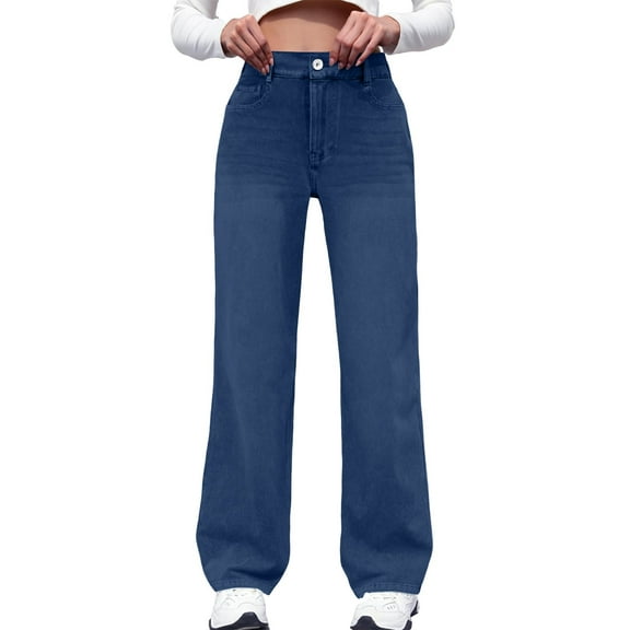 IYYVV Oversized Sweatpants Jeans Women Soft High Waisted Wide Leg Jeans Comfy Boyfriend Denim Sweatpants with Pocket Dark Blue M