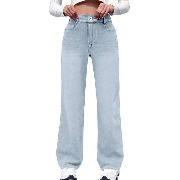 IYYVV Oversized Sweatpants Jeans Women Soft High Waisted Wide Leg Jeans Comfy Boyfriend Denim Sweatpants with Pocket Light Blue S