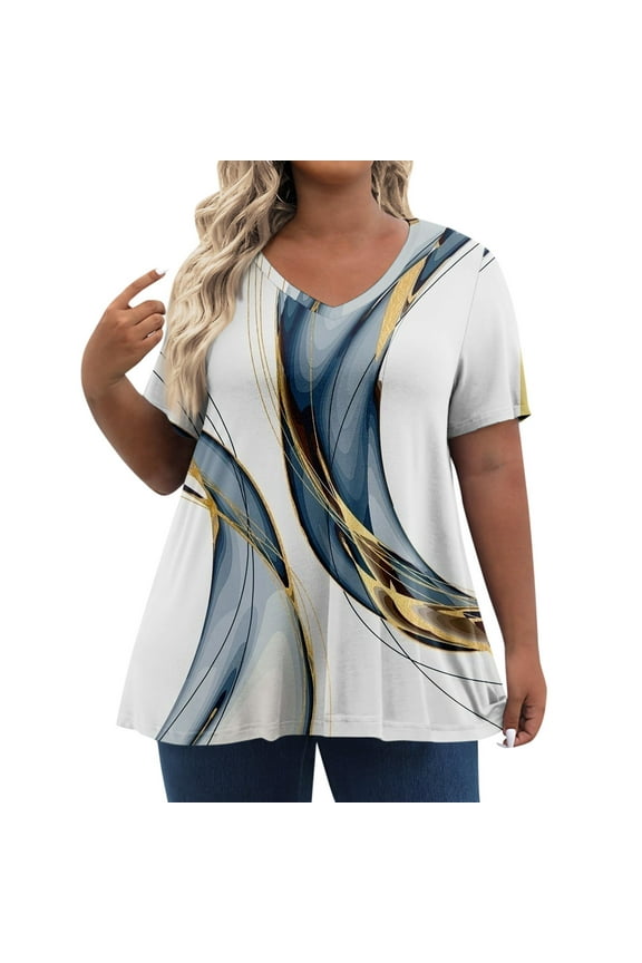 Oversized Tshirts For Women Shirt V-Neck Tunics Short Sleeve Summer Tops 2024 Western Pattern Casual Women'S Clothing Womens Fall Fashion White 4XL
