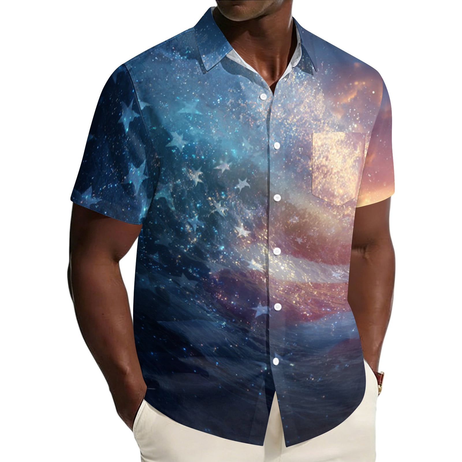 patriotic dress shirts for men Button Up Shirt Men Eagle American USA Flag Patriotic Graphic Print Blue Fashion