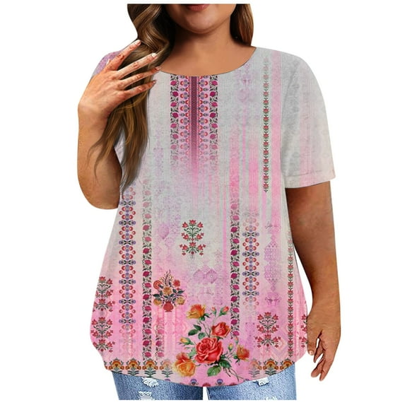 IYYVV Plus Size Blouse Summer Loose Boho Tops For Women Short Sleeve Shirt 2024 Round Neck Floral Graphic Oversized Tees Fall Sweatshirt Maternity Clothes Pink 5XL