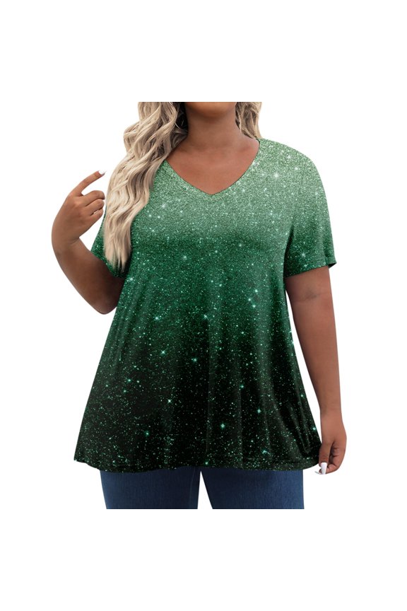 Plus Size Blouse Summer Running Tops For Women V Neck Long Shirts Sparkly Print T Shirts Graphic Short Sleeve Fall Sweatshirt Funny Maternity Clothes Green 3XL