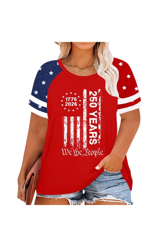 Plus Size Flag Shirt for Women 4th of July Tshirts USA 1776 Patriotic Tops Anniversary Short Sleeve Tee Deep Red XXXL