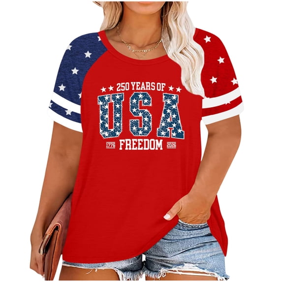 IYYVV Plus Size Flag Shirt for Women 4th of July Tshirts USA 1776 Patriotic Tops Anniversary Short Sleeve Tee Red XL