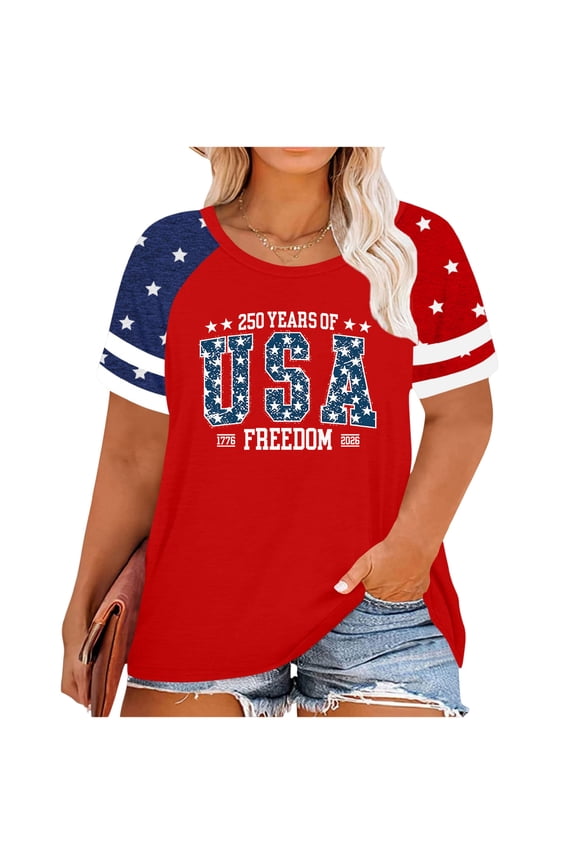 Plus Size Flag Shirt for Women 4th of July Tshirts USA 1776 Patriotic Tops Anniversary Short Sleeve Tee Red XXL