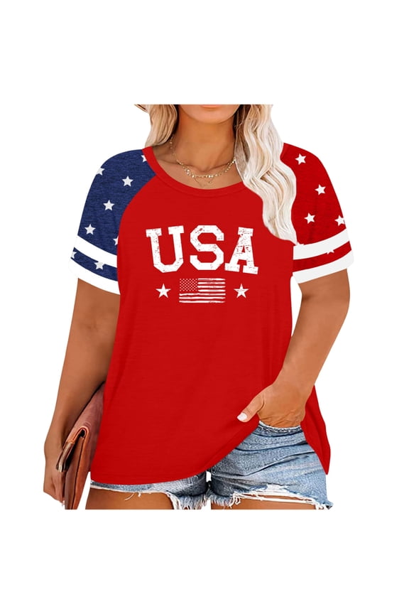 Plus Size Flag Shirt for Women 4th of July Tshirts USA 1776 Patriotic Tops Anniversary Short Sleeve Tee Vermilion XXXXXL