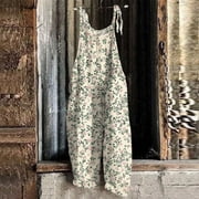 IYYVV Plus Size Linen Boho Jumpsuit For Women 2026 Hippie Floral Printed Overalls Spaghetti Strap Rompers Spring Summer Light Green XL
