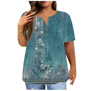 IYYVV Plus Size Shirts For Women Short Sleeve Tunic Tops Button Down V Neck Floral Blouses 2024 Womens Graphic T Shirts Casual Maternity Clothes Summer Fall Fashion Blue 4XL