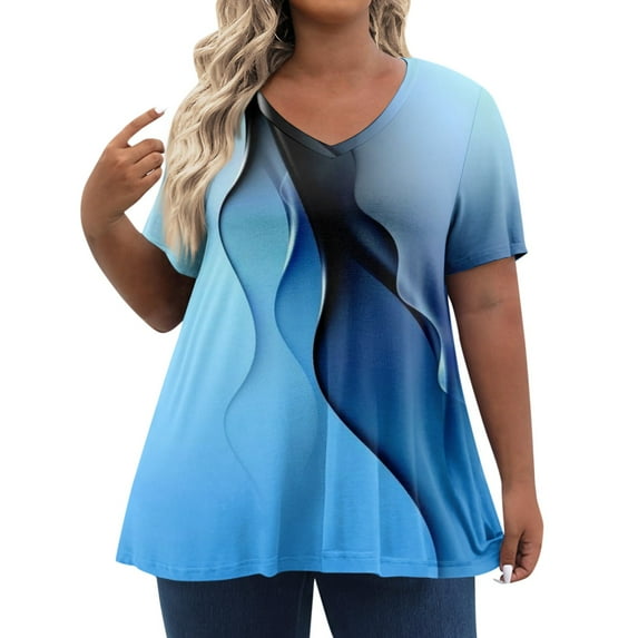 IYYVV Plus Size Shirts For Women Short Sleeve Work Out Tops Gym V-Neck Summer Blouse Gradient Graphic Cotton Tshirts Womens Clothing Trendy 2024 Fall Fashion Blue 2XL