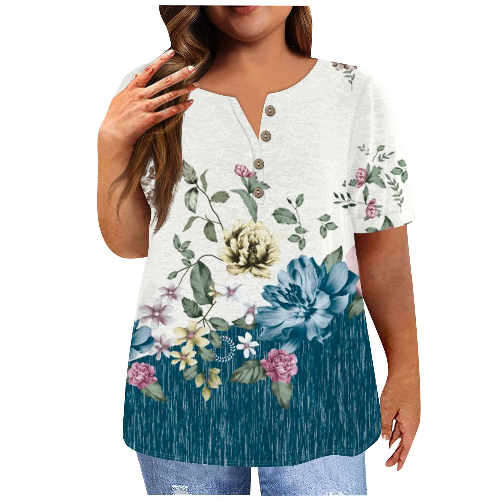 Women's 3/4 Sleeve Raglan Button-Down Shirt – Casual Henley V-Neck Blouse With Floral Print
