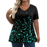 IYYVV Plus Size Summer Tops For Women V Neck Funny Shirts Sequin Graphic Cotton Tshirts Lightweight Womens Short Sleeve Blouses Clothing Fall Fashion 2024 Black L