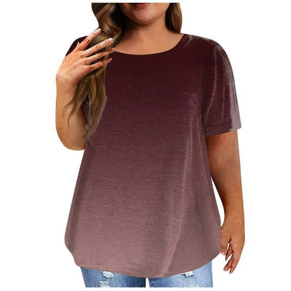IYYVV Plus Size T Shirts For Women Short Sleeve Cute Summer Tops Womens Shirts O Neck Tunic Tops Dressy Casual Gradient Graphic Clothes Vintage Fall Fashion 2024 Brown 2XL