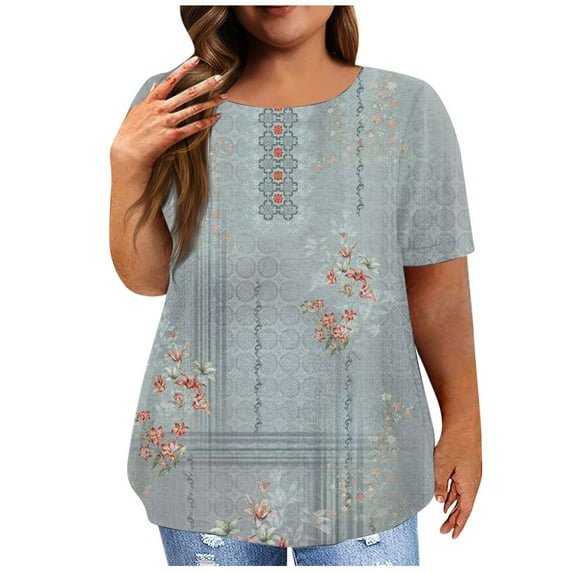 IYYVV Plus Size Tops For Women Casual Summer Crew Neck Funny Shirt Floral Graphic Womens T Shirts Loose Fit Short Sleeve Cotton Tunic Tops Teen Girl Clothes Fall Fashion 2024 Gray L