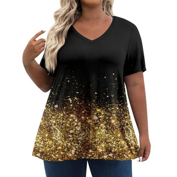 IYYVV Plus Size Tops For Women Summer V Neck Funny Shirt Sequin Print Short Sleeve Oversized Tees Fall Tunics Or Tops Retro Sweatshirt Business Casual Clothing Black 3XL