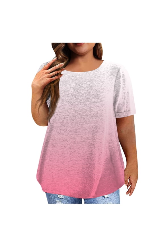 Plus Size Womens Shirts Short Sleeve Casual Summer Boho Tops O-Neck Y2K Tunic Gradient Graphic Oversized Tees For Women Gym Clothes For Woman Fall Fashion 2024 Pink 3XL
