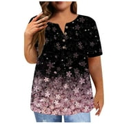 IYYVV Plus Size Womens Short Sleeve Tops Summer Button Down V Neck Shirts For Women Boho Floral Oversized Tees Cotton Blouses Casual Flowy Clothing Fall Fashion 2024 Pink L