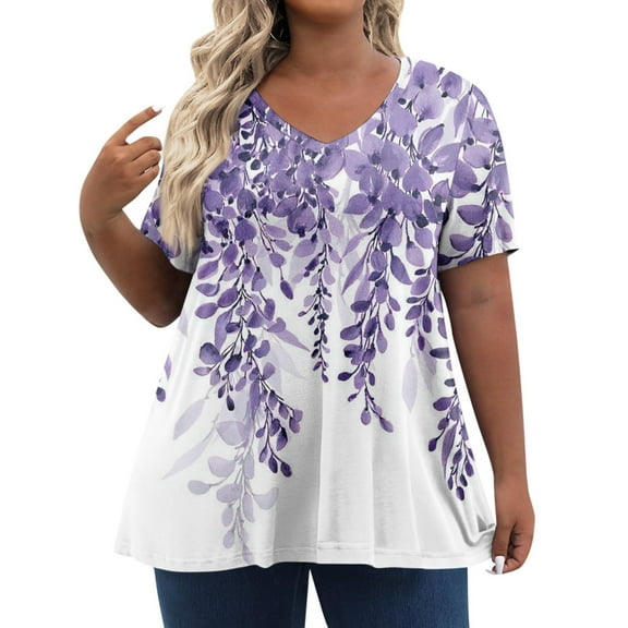 IYYVV Plus Size Womens Tops Short Sleeve Women Shirt Vneck Tunic Tops Boho Floral Tees Casual Flowy Women Summer Clothes Fall Fashion 2024 Purple 4XL