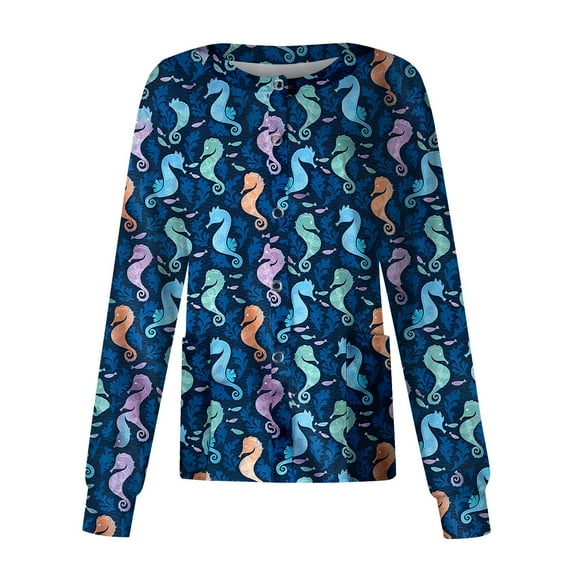 IYYVV Print Scrub Tops for Women Button Down Crew Neck Long Sleeve Scrub Jackets for Women Medical Uniforms Nurse Workwear Scrub Jacket with Two Pockets Royal Blue S