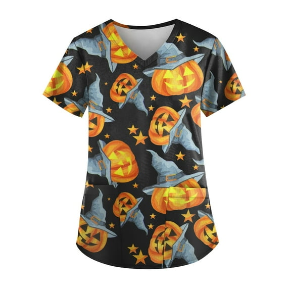 IYYVV Print Scrub Tops Women Halloween Costumes Nursing Uniforms for Women Plus Size V Neck Short Sleeve Scrub Tops with Pockets Blue L