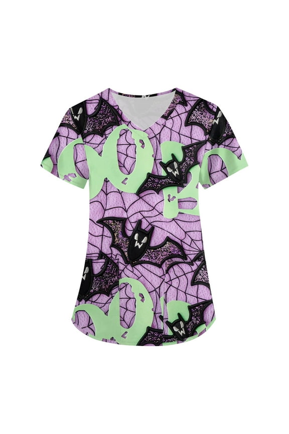 Print Scrub Tops Women Halloween Costumes Working Uniform Shirts for Women Plus Size V Neck Short Sleeve Scrub Tops with Pockets Purple XL