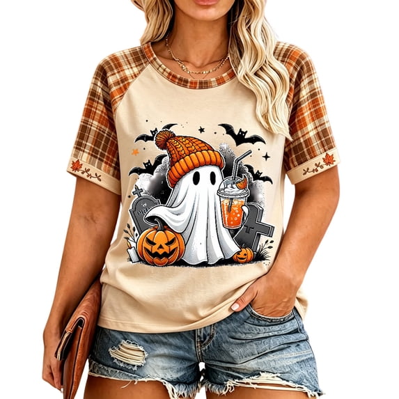IYYVV Raglan Sleeve Halloween Shirts for Women Plus Size Ghost Pumpkin Print Shirt Rolled Cuff Plaid Short Sleeve Tees Multicolor XL