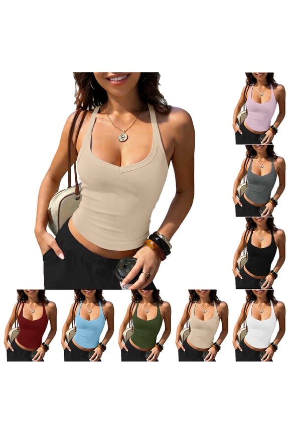 Ribbed Tank Tops for Women Halter Neck Backless Cropped Camisole Sleeveless Stretchy Slim Fit Going Out Top Wine M