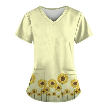IYYVV Scrub Top for Women, Plus Size V-Neck Scrubs, Relaxed Fitted Soft Women's Scrub Tops Sunflower Print Nursing Uniform with Pockets Fluorescence Yellow 3XL