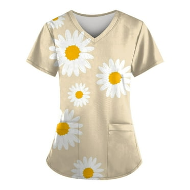 IYYVV Scrub Top for Women, Plus Size V-Neck Scrubs, Relaxed Fitted Soft Women's Scrub Tops Sunflower Print Nursing Uniform with Pockets Beige 3XL