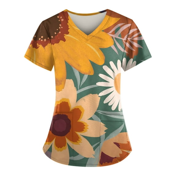 IYYVV Scrub Top for Women, Plus Size V-Neck Scrubs, Relaxed Fitted Soft Women's Scrub Tops Sunflower Print Nursing Uniform with Pockets Orange M